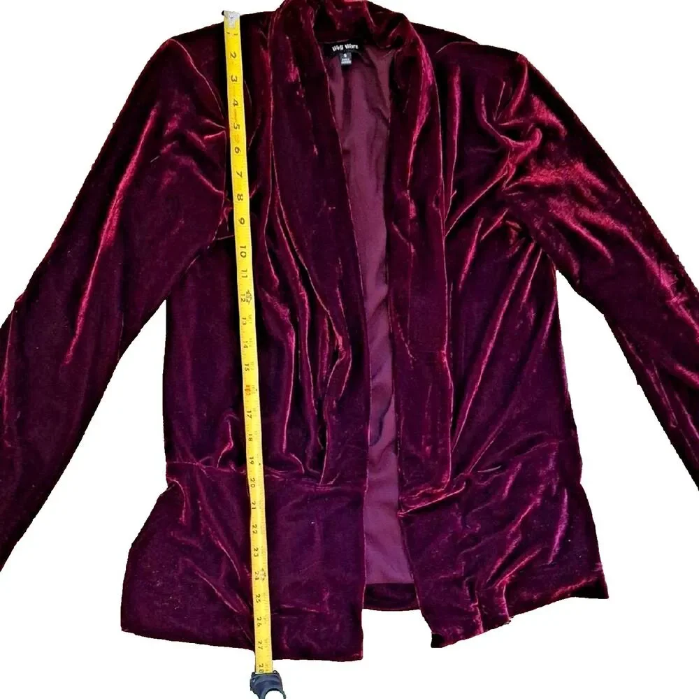 Well Worn Brand Maroon Velvet Blazer Jacket Small S Open Front Dark Burgundy